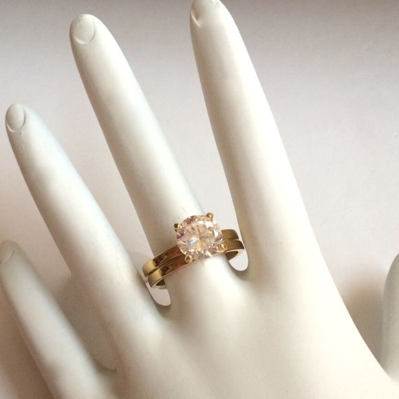 Cubic Zirconia Solitaire Engagement Ring Wedding Set Size 9 10 Gold Plated Band - Picture 4 of 10